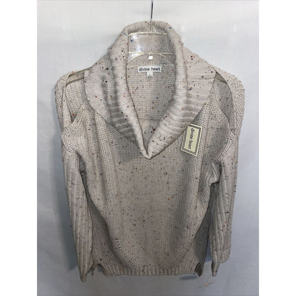 Divine Heart Cowl Neck Sweater Women’s Sz Large Beige Oatmeal Open Shoulder NWT